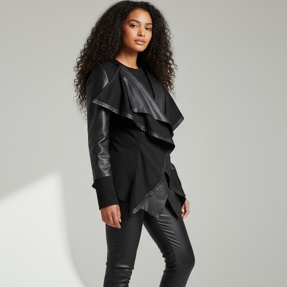 Lafayette 148 New York Leather Wool Jacket Open Waterfall Black 8 - Picture 2 of 14